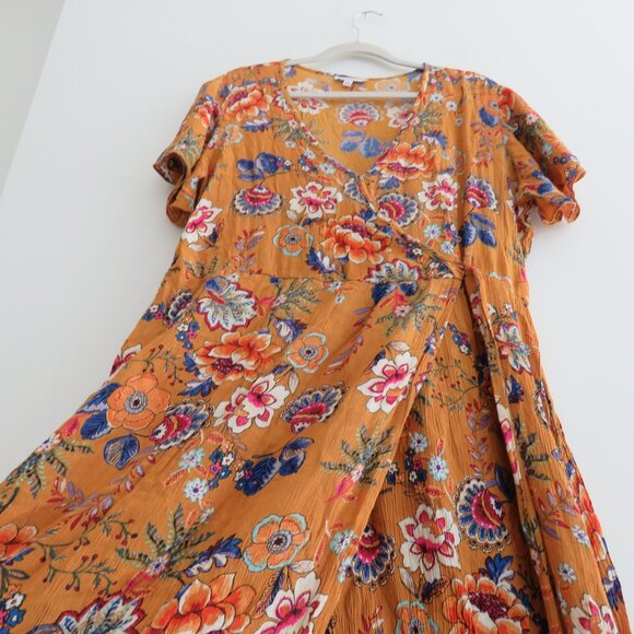 PATRONS OF PEACE Floral Crepe Faux Wrap Maxi Dress in Burnt Orange Boho Size L - Picture 9 of 16
